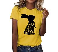 AMDOLE Tenue de Pâques pour femme - Manches courtes - Col rond - Imprimé lapin - T-shirt décontracté et fin - Chemisier tendance pour femmes 2024, jaune, S