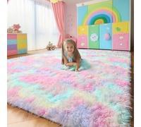 Amdrebio Tapis Arc-en-Ciel à Poils Longs Moelleux Motif Licorne pour Salle de Jeux, Chambre de bébé, Salle de Classe, Style Kawaii Princesses Multicolore 1,5 x 2,4 m