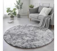 Amdrebio Tapis rond à poils longs et pelucheux pour salon, chambre à coucher, chambre d'enfant, bureau, tapis d'intérieur en peluche, gris clair, tie and dye, 1,5 m