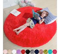 Amdrebio - Tapis Rond Pelucheux pour Chambre à Coucher, Tapis Rond à Poils Longs pour Enfants, Adolescentes, crèches et dortoirs, intérieur, Rouge, 1,5 x 1,5 m