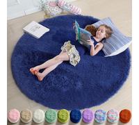 Amdrebio Tapis rond petit bleu marine de 3 pi pour chambre de garçon, tapis circulaire pour chambre d'enfants, décoration de salon esthétique, tapis moelleux à poils longs en fourrure bleu royal foncé