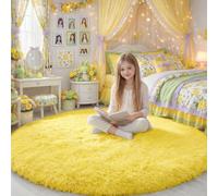 Amdrebio Tapis rond pour chambre ou salon, tapis pelucheux pour décoration de chambre d'enfant, tapis circulaire pour salle de ortoir, chambre de bébé, jaune, 1,5 m
