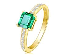 AMDXD Bague solitaire en or jaune 750 18 carats - Créée en laboratoire - Émeraude - Taille ronde - Vert - Or véritable - Avec diamant - Or 18 carats - Taille 49-70, or jaune 18 carats (750), Émeraude