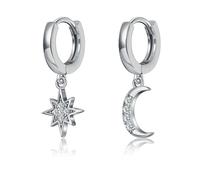 AMDXD Boucles d'oreilles pour femme - Or rose 9 carats 375 - Créoles pendantes - Lune et étoile - Avec diamant - Or rose 9 carats - Style Art nouveau véritable, Or blanc 9 carats (375), Diamant