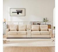 AMDXD Canapé moderne 4 places en lin avec console, 2 porte-gobelets, 2 ports USB pour recharge avec câble, poches d'accoudoirs et 4 coussins, canapé lounge pour salon, appartement, beige