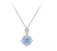 AMDXD Collier en or blanc 9 K/14 K/18 carats pour femme - Pendentif fleurs avec aigue-marine ronde bleue - Chaîne avec moissanite et or blanc au 375/585/750, 40 + 5 cm, Or blanc 9 carats (375