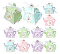 Ameble Lot de 12 boîtes à dragées en Forme de théière, décorées Motifs Floraux et Rubans, pour Une fête du thé. Boîtes à Bonbons 3D en Papier, Couleurs Assorties, pour Femmes.