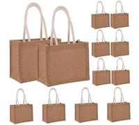Ameble Lot de 12 sacs en jute imperméables, doublés et munis de poignées, parfaits pour la plage, les achats, les demoiselles d'honneur et les loisirs créatifs (22 x 16 x 10 cm). Dimensions : 22