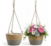 Ameble Lot de 2 paniers Suspendus en jonc de mer Naturel pour décoration d'intérieur bohème, présentoir Plantes pour Jardin, terrasse, Balcon et Salon, Gris