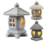 Ameble Lot de 3 Statues de pagode pour Jardin, Mini-Lanterne à la Texture Pierre réaliste avec lumière LED Chaude, décoration Jardin Japonais et Figurines bonsaï.