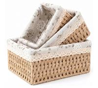 Ameble Woven Baskets, 3-Piece Wicker Storage Baskets with Lids, Handmade Woven Organizing for Shelves, Natural Wood Color (Large/Medium/Small)
