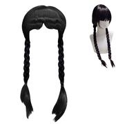 Amebleak Mercredi Addams Perruque pour Enfants Femme, Addams Cosplay Perruque, Addams Longue Perruque Noire Tressée, Perruque Tressée avec Bangs pour Cosplay