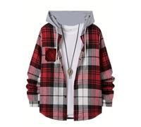 AMEEDA Chemise Carreaux Homme Trend Men's Hooded Plaid Shirt Youth Style Casual Daily Outdoor Travel Wear Inside and Match Outside Long-Sleeved(Red,M)