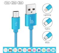 ameego [3Pack 1m+2m+3m] High Speed Strong Nylon Braided Tangle-Free 3.1A Micro USB Data Charge Cable for Samsung, HTC, Nokia, Sony, Kindle,Speaker, Power bank and More Micro USB Devices (Light Blue)