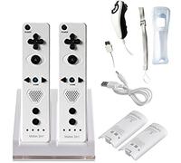 Ameego - Lot de 2 télécommandes sans fil Motion Plus, 2 manettes Nunchuk, 1 station de chargement et 2 batteries de 2 800 mAh pour Nintendo Wii et Wii U blanc/noir