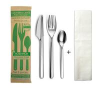 AMEFA Leaves Set 3 couverts réutilisables & recyclables, Lot de 12, Inox | 12 sachets prêts à l'emploi de 3 couverts avec serviette, Acier inox 18/0, Finition standard, Lave-vaisselle