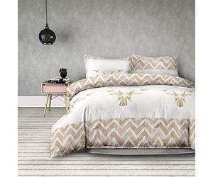 AmeliaHome 06587 Parure de lit 2 pièces en Flanelle 135 x 200 cm avec 1 taie d'oreiller 80 x 80 cm 100% Coton Motif Vagues Housse de Couette Snuggy Collection Geodeer Cerf Blanc/Beige