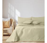 AmeliaHome Couvre-lit Double Face avec Pompons - 200 x 220 cm - Matelassage ultrasonique - Polyester Meadore - Beige