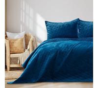 AmeliaHome Laila Velvet Couvre-lit Polyester Bleu 200 x 220 cm