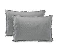 AmeliaHome Lot de 2 taies d'oreiller avec Pompons surpiqûres ultrasoniques des Deux côtés 50 x 70 cm Gris Meadore