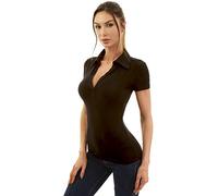 AmélieBoutik Polo à manches courtes et col en V pour femme, noir, Taille M