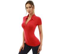 AmélieBoutik Polo à manches courtes et col en V pour femme, Rouge, Taille L