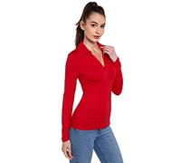 AmélieBoutik Polo à manches longues et col en V pour femme, Rouge, M
