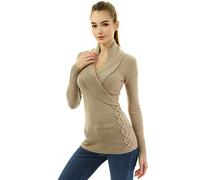 AmélieBoutik Pull à lacets avec col châle pour femme - Beige - Taille M