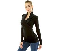 AmélieBoutik Pull à manches longues et col châle sexy pour femme Coupe ajustée, noir, Taille XS
