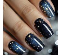 Améliorez instantanément votre look avec 24 faux ongles carrés moyens. Mystère mode bleu noir, halo d'étoiles, rivière, étoiles jaunes élégantes. Faux ongles amovibles et portables pour femmes et fill