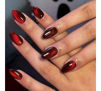 Améliorez instantanément votre look avec 24 pièces de faux ongles courts ovales esthétiques de style Y2K à pointe d'œil de chat rouge sang avec cristal. Ils s'adaptent parfaitement et sont faciles à p