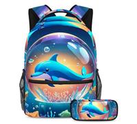 Améliorez votre expérience scolaire, attrapez ce sac à dos avec trousse à crayons pour garçons, filles, adolescents, dauphin boule de cristal, Multicolore #02, B:29.4x20x40cm P:19x7.5x3.8cm, Sac à