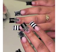 Améliorez votre look avec le style Y2K ! 24 pièces de faux ongles carrés de taille moyenne, style punk cool, imprimé léopard noir & gris contrasté, motif français de luxe avec strass et design de croi