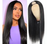 Amella U Part Perruque de cheveux humains raides 100 % brésiliens pour femme noire Noir naturel 35,6 cm