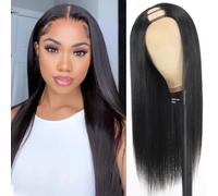 Amella U Part Perruque de cheveux humains raides 100 % cheveux humains brésiliens pour femmes noires Noir naturel 45,7 cm