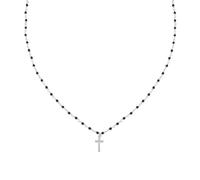 AMEN Collier avec Grains et Croix pour Femme en Argent Sterling (925) rhodié avec Cristaux Noirs et zircons Blancs, Taglia Unica, Argent Sterling, Zircon