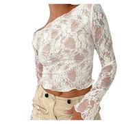 AMENGJ Haut Dentelle Femme T-Shirt Court Sexy en Dentelle et résille Transparente à Manches Longues for Femme(White,L)