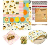Amentalove 10 Pièces Emballages Réutilisables en Cire d’abeille 4 Tailles, Tissu Alimentaire en Cire d’abeille, Papier Cire d’Abeille de Stockage en Coton Bio pour Sandwich Pane Fromage Fruits Légumes