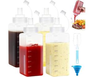 Amentalove 4 Pcs Bouteille Sauce 800ml, Recipient Sauce, 27oz bouteille à Condiments, Transparent Plastique Flacon Souple et Entonnoir Gradués Pour Ketchup Huile Peinture Cuisson