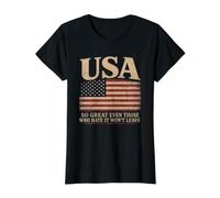 America, So Great Even Those Who Hate It Won’t Leave Humor T-Shirt Graphique avec Valeur, Femme, Noir, XL