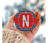 America Stars Monogramme patriotique N Souvenir Drapeau National Rouge Blanc Bleu Rond Décoration de Sapin de Noël Céramique Porcelaine Élégante Lettre Initiale du 4 Juillet Boule de Noël pour