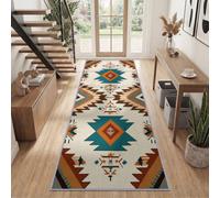 Américain Ethnique Géométrique Tribal Tapis de Couloir Antidérapant | Losanges Bleus Verts Bruns Tapis de Passage 60 x 300 cm pour Salon Chambre Cuisine Entrée Pensé pour un Usage Quotidien