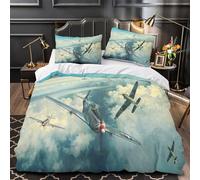 Americain P51 Chasseur Pour Adultes Et Enfants Housse De Couette 3D Imprimé Militaire Housses De Couettes E Avec Fermeture À Glissière Parure De Lit Avec Taies Microfibr 3 Pièces Double（200x200cm）