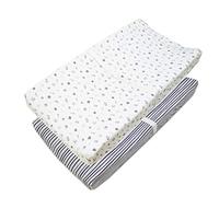 American Baby Company 2 Pack Printed 100% Natural Cotton Jersey Knit Fitted Contoured Changing Table Pad Cover, Travel Lite Mattress, Navy/Grey Stripes/Sports, Soft Breathable, Boys