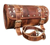 american blue Sacoche de moto vintage en cuir de chèvre véritable, avec fermeture à boucle à 2 sangles, sac à outils marron à dégagement rapide, renforcé, pour guidon, fourche (forme ovale, marron)
