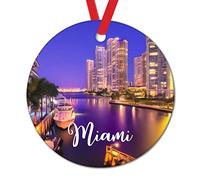 American City Miami Ornements décoratifs à suspendre Souvenirs de ville Cadeau de voyage Décoration de Noël Ville en Floride State Fantaisie Décoration de sapin de Noël ronde en céramique