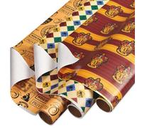 American Greetings Harry Potter Lot de 3 rouleaux de papier cadeau Harry Potter avec quadrillage pour anniversaires, remises de diplômes et toutes les occasions, blasons de la maison de Poudlard, robe