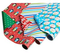 American Greetings Lot de 3 rouleaux de papier cadeau de Noël réversibles à rayures, bonhomme de neige bleu et pingouins rouges, 100 m²