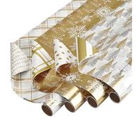 American Greetings Lot de 4 rouleaux de papier cadeau doré (flocons de neige) pour Noël, Hanouka, Kwanzaa et toutes les fêtes (4 rouleaux, 80 m²)