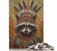 American Indian Raccoon Puzzle 1000 Pieces Cadeau Unique Jeu Éducatif Challenge Toy À De Qualité Supérieure Peinture Art pour Adultes Et Enfants 1000pcs (75x50cm)